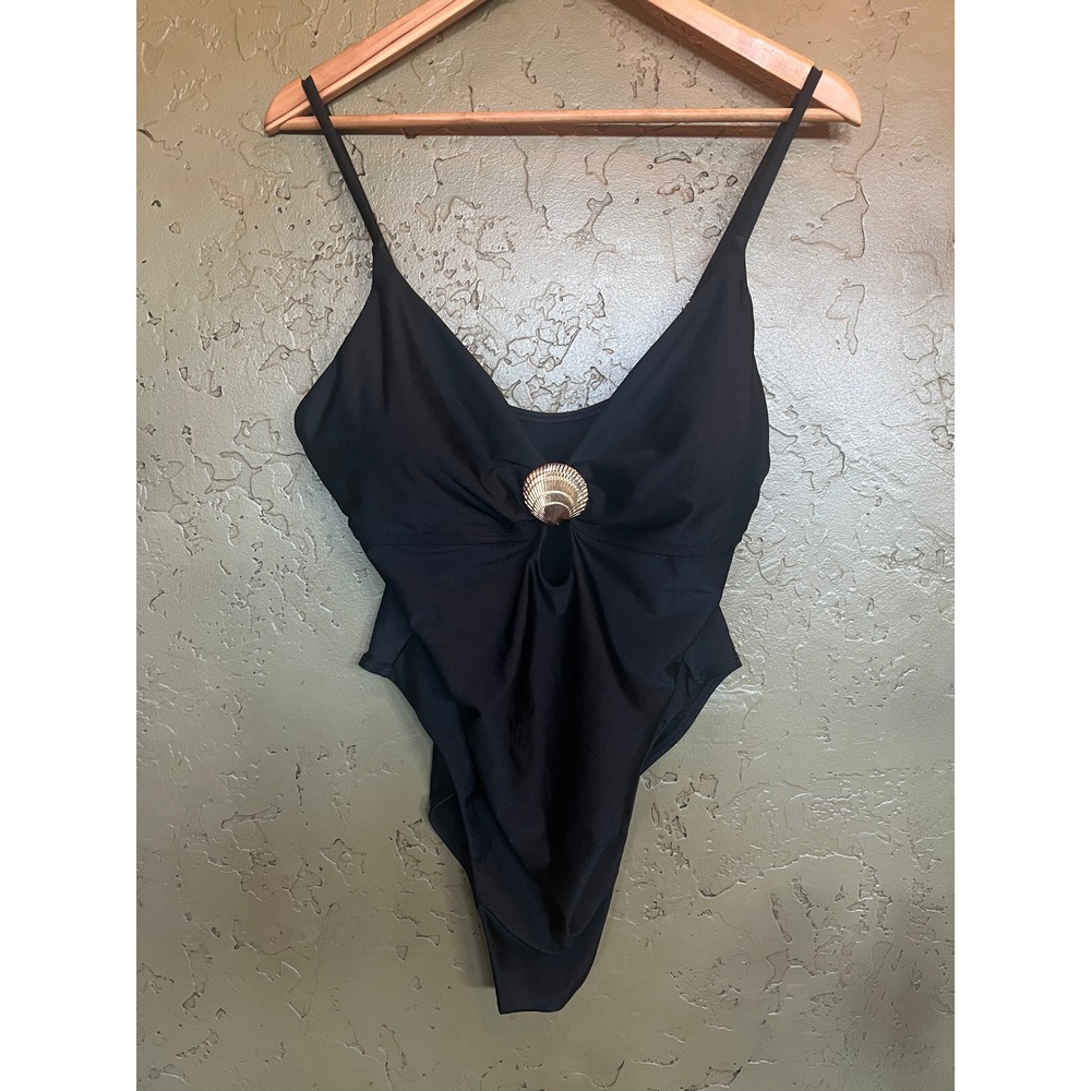 Minimalist Coastal Beach Glam Black Seashell Detail One Piece Swimsuit XL 16‎